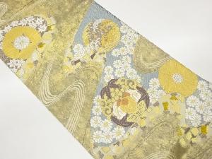 曲線に色紙散らし・花々模様織出し袋帯